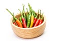 Closeup of group chili pepper on wooden cup