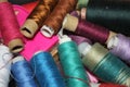 Closeup Group of colorful spools of thread use to sewing, needlework and embroidery Royalty Free Stock Photo