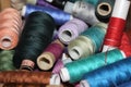 Closeup Group of colorful spools of thread use to sewing, needlework and embroidery Royalty Free Stock Photo