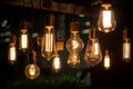 closeup on group of different Vintage Edison Light Bulb types illuminated in a dark environment,Generative AI