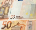 Closeup of a group of fifty euros banknote background Royalty Free Stock Photo