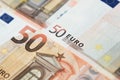 Closeup of a group of fifty euros banknote background Royalty Free Stock Photo