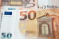 Closeup of a group of fifty euros banknote background Royalty Free Stock Photo