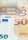 Closeup of a group of fifty euros banknote background Royalty Free Stock Photo