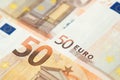 Closeup of a group of fifty euros banknote background Royalty Free Stock Photo