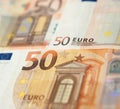 Closeup of a group of fifty euros banknote background Royalty Free Stock Photo