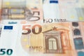 Closeup of a group of fifty euros banknote background Royalty Free Stock Photo