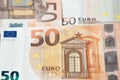 Closeup of a group of fifty euros banknote background Royalty Free Stock Photo