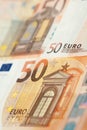 Closeup of a group of fifty euros banknote background Royalty Free Stock Photo