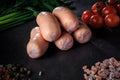 closeup group of short sausages with onion, dill, tomatoes Royalty Free Stock Photo