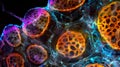 Closeup of a group of synovial cells actively secreting the necessary components for synthesizing and maintaining the