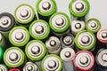 Closeup of group of used disposable  batteries of various color Royalty Free Stock Photo