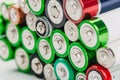 Closeup of group of used disposable  batteries of various color Royalty Free Stock Photo