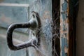 closeup of grubby door handle with cobwebs