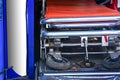 Closeup gurney in an empty ambulance. Interior of an empty ambulance and gurney. Concept: emergency, traffic accident Royalty Free Stock Photo