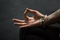 Closeup of Gyan mudra, spiritual gesture, performed with female Royalty Free Stock Photo