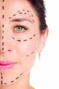 Closeup half of face caucasian woman with dotted lines drawn around left eye, preparing cosmetic surgery Royalty Free Stock Photo