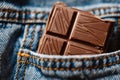 closeup of a halfeaten chocolate bar in a denim jacket pocket