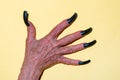 Closeup halloween manicure. Old scary hands with long black nails. Demon or devil on halloween holiday.