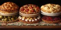 Closeup of halved Mexican torta sandwich with toasted bun and jalapeno pepper on plate over colorful tablecloth