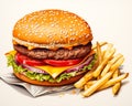 Closeup Hamburger French Fries Napkin Illustration Real Oil Squa