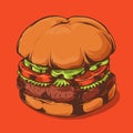 Closeup Hamburger on Orange Background. Hand Drawn Line Art.