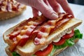 closeup of a hand arranging bacon strips on a blt sandwich Royalty Free Stock Photo