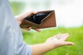 Closeup hand of asian businesswoman holding her wallet,hand open an empty wallet,spend money extravagantly,extravagant people