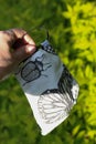 Closeup hand catch flying face mask with gray Butterfly. To protect from coronavirus, virus concept. Garden in spring, summer.