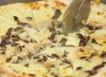 Closeup hand of chef baker cutting pizza at kitchen. Food, italian cuisine and cooking concept. Royalty Free Stock Photo