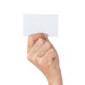 Closeup hand hold card isolated with clipping path Royalty Free Stock Photo