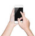 Closeup hand hold smartphone white clipping path inside Royalty Free Stock Photo