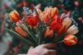 Closeup Of Hand Holding Bouquet Of Tulips. Generative AI