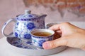 Hand Holding a Cup of Hot Chinese Oolong Tea Royalty Free Stock Photo