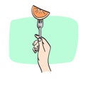 closeup hand holding fork with piece of orange illustration vector hand drawn isolated on white background line art