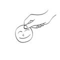 Closeup hand holding green paper cut smile face illustration vector hand drawn isolated on white background line art. world mental