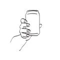 Closeup hand holding metal beverage drink can illustration vector hand drawn isolated on white background line art