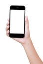 Closeup hand holding phone isolated with clipping path