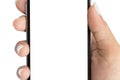 Closeup hand holding phone white screen isolated white with cli