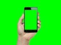 Closeup hand holding and showing smartphone or mobile with green screen isolated on green Royalty Free Stock Photo