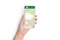 Closeup hand holding smart phone with social network mock up blank speech bubbles template chat box dialogue on phone screen