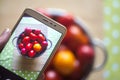 Closeup of hand holding smartphone and taking picture of freshly picked organic garden vegetables. Woman sending photo of basket w