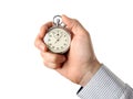 Closeup of hand holding stopwatch, isolated on white background