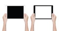 Closeup hand holding tablet isolated white clipping path inside