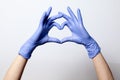 Closeup of a hand in latex rubber medical purple gloves folded into heart sign. Isolated on white background. Concept love couple Royalty Free Stock Photo