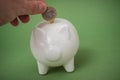 - hand of man putting euro coin in white piggy bank on green background Royalty Free Stock Photo
