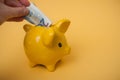 hand of man putting twenty euros bank note in yellow piggy bank on yellow background Royalty Free Stock Photo