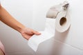 Closeup hand pulling toilet paper roll in holder for wipe.Closeup hand pulling toilet paper roll in holder for wipe, woman sitting Royalty Free Stock Photo