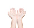 Closeup hand receive white isolated clipping path inside