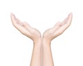 Closeup hand receive white isolated clipping path inside